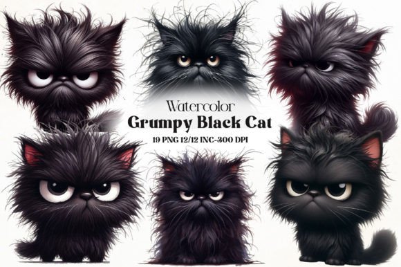 Download Watercolor Grumpy Black Cat Clipart - Black cat Collection