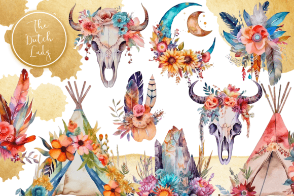 Download Watercolor Bohemian Clipart Set - Bohemian clipart Collection